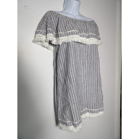 1. State Tunic Small Linen Chambray Off Shoulder Boho Blue White Stripe Cottage - Picture 4 of 12